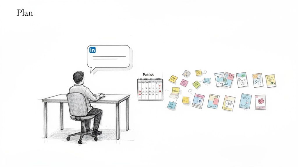 Illustration of a person planning LinkedIn content with a calendar and content ideas.
