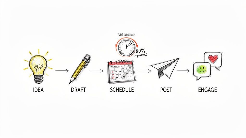 A visual guide showing five steps for content creation: Idea, Draft, Schedule, Post, Engage.