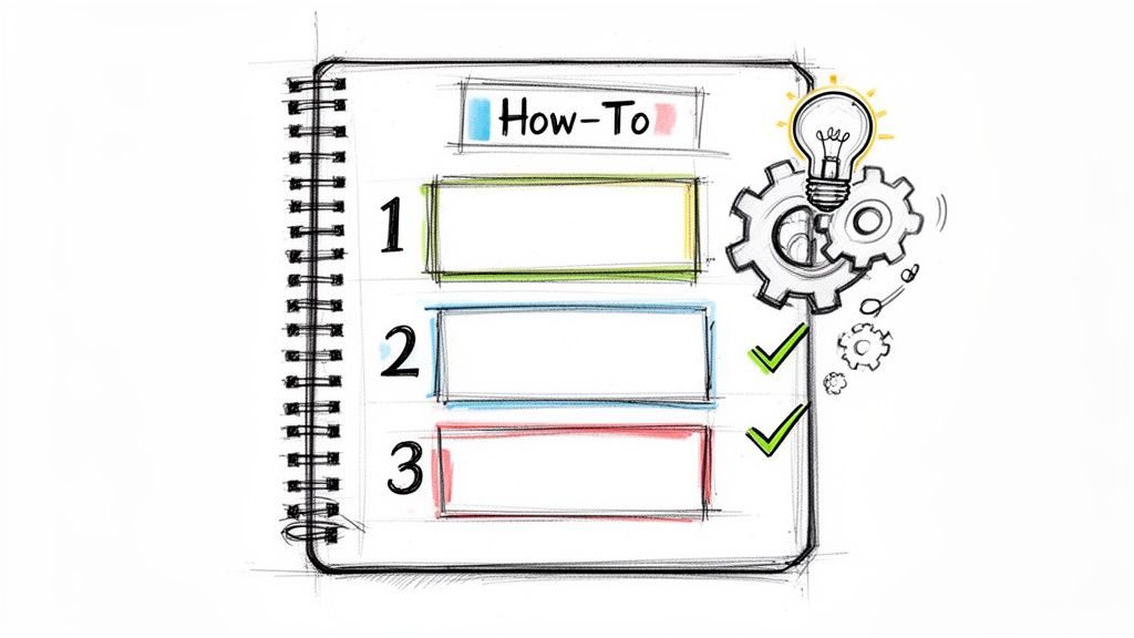 Hand-drawn notebook outlining a 'How-To' guide with numbered steps, gears, and a lightbulb.
