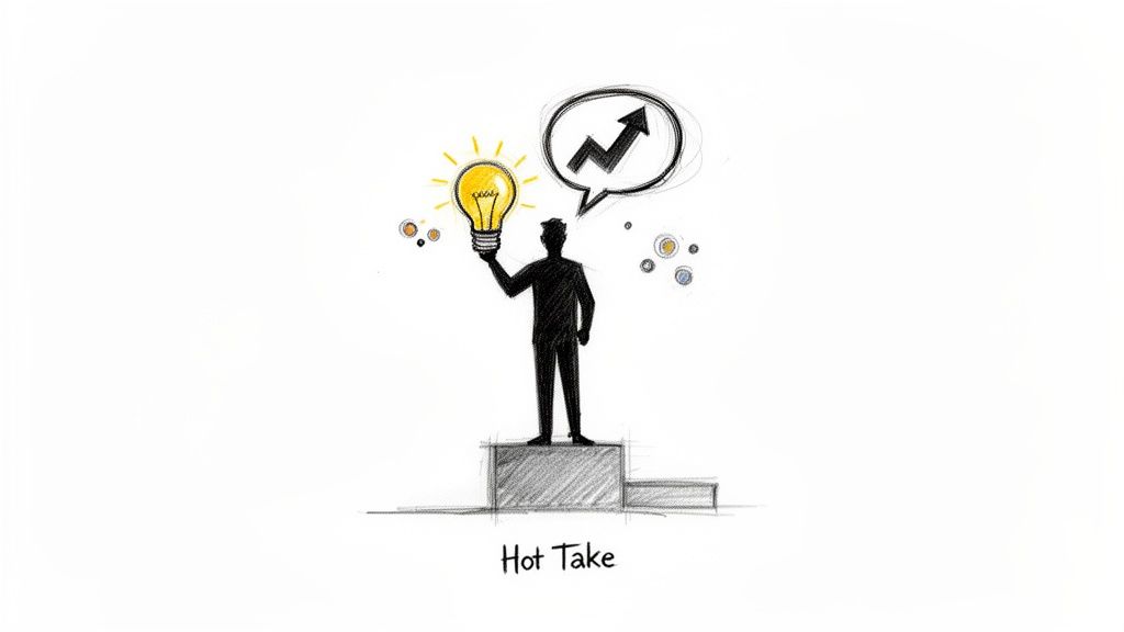 Sketch of a person on a pedestal holding a bright idea lightbulb, with a thought bubble showing upward growth, labeled 'Hot Take'.