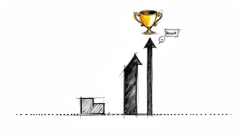 A hand-drawn illustration showing growth on a bar chart, culminating in a golden trophy and the word 'Result'.