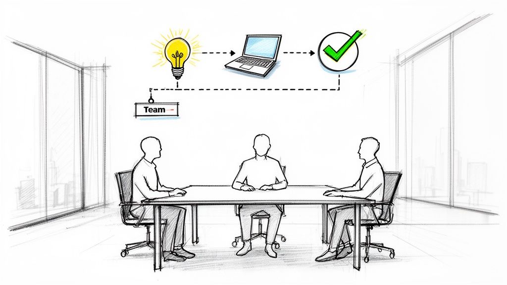 Sketch of a team meeting at a table, with an overhead diagram of idea, laptop, and success.