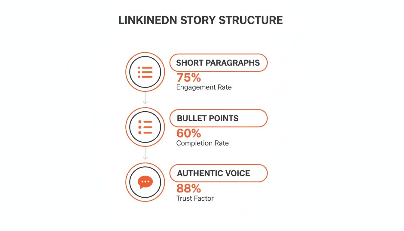 LinkedIn story structure infographic showing benefits of short paragraphs, bullet points, and authentic voice.