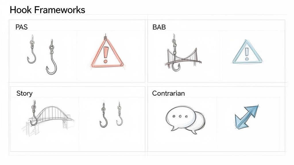 A grid illustrating four 'Hook Frameworks' for content creation with sketch icons: PAS, BAB, Story, and Contrarian.