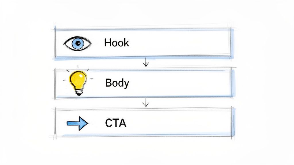 A visual diagram illustrating a content structure: Hook represented by an eye, Body by a lightbulb, and CTA by an arrow.