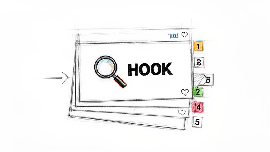 Sketch of multiple content slides, with a magnifying glass and 'HOOK' text on the top, suggesting engagement strategy.