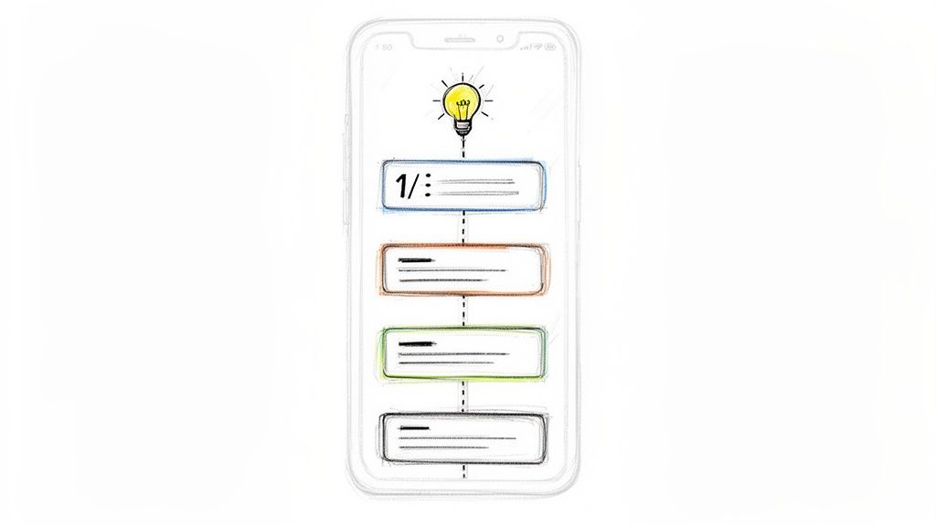 Hand-drawn smartphone displaying a vertical flowchart with a lightbulb idea and four colored steps.