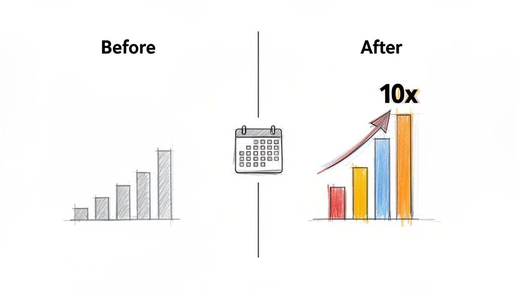 Before and after bar charts showing 10x growth, with a calendar representing time.