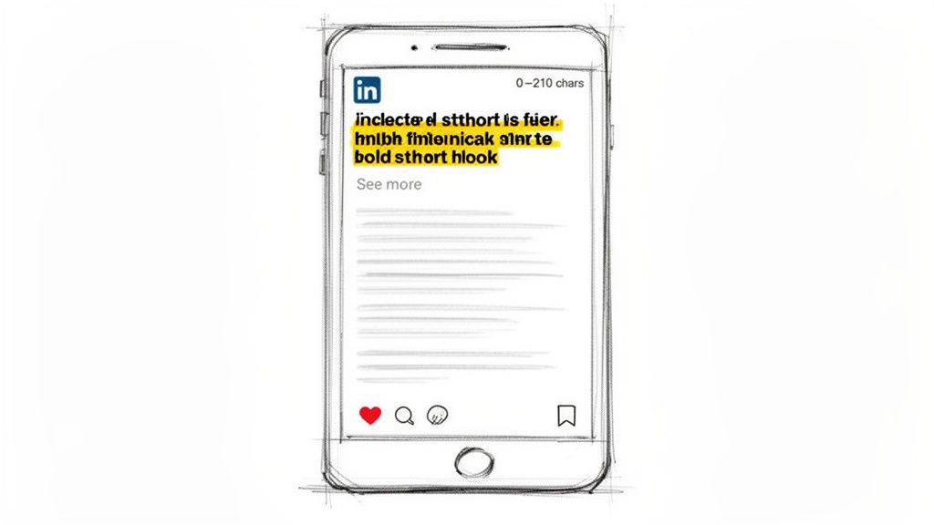 A hand-drawn smartphone displays a LinkedIn post draft with highlighted text and character count.