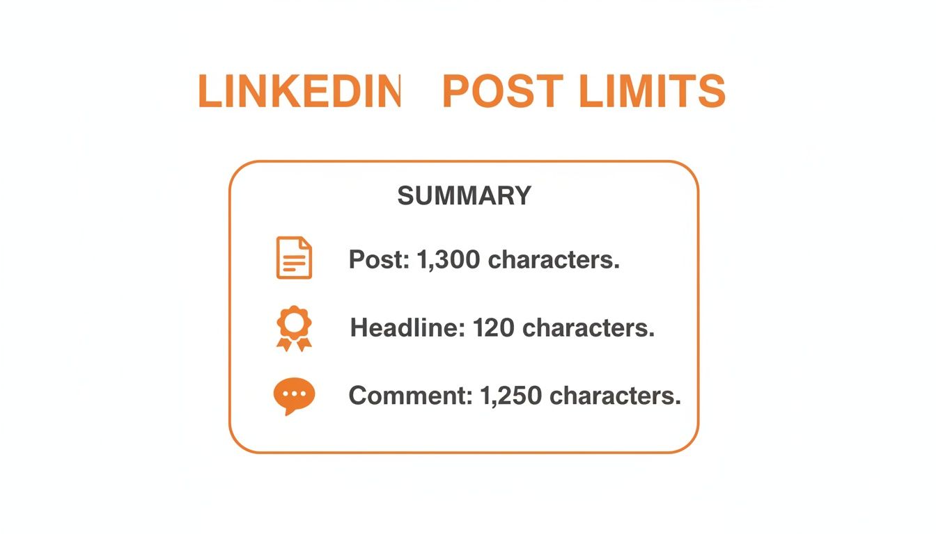 A graphic detailing LinkedIn post limits, showing 1,300 characters for posts, 120 for headlines, and 1,250 for comments.