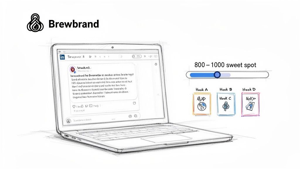 Sketch of a laptop displaying a LinkedIn post with Brewbrand logo, showing character limit slider and content hooks.