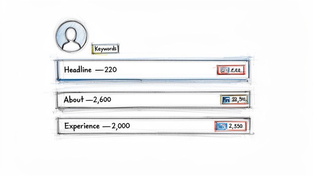 Sketch illustrating character limits for LinkedIn profile sections: Headline, About, and Experience, alongside keyword optimization.