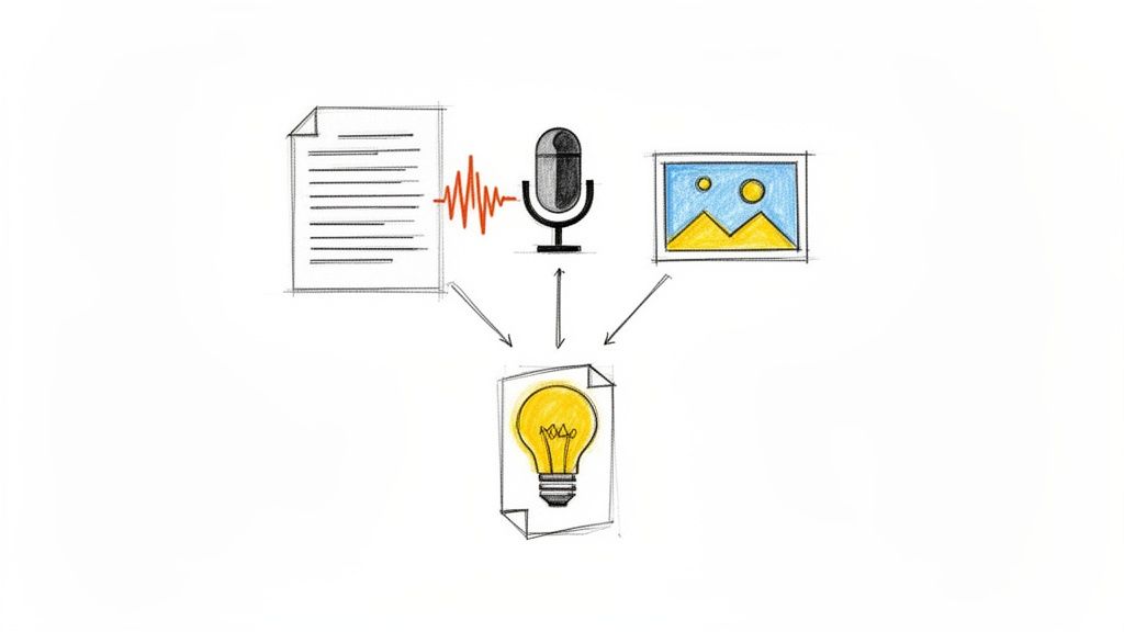 A hand-drawn diagram illustrating text, audio, and visual inputs converging to create new ideas.