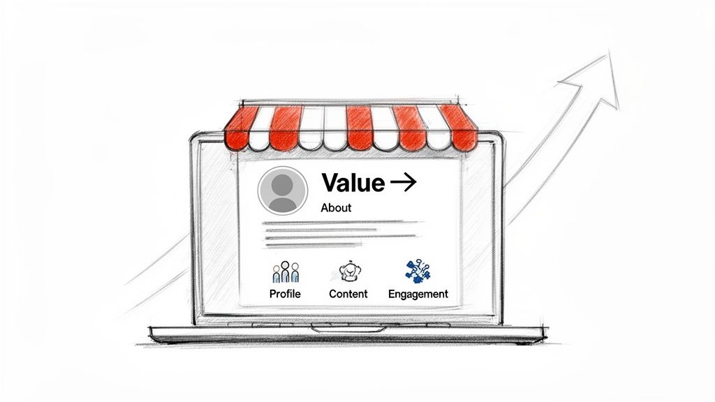 A sketch of a laptop screen showing 'Value', 'Profile', 'Content', 'Engagement', with a growth arrow.