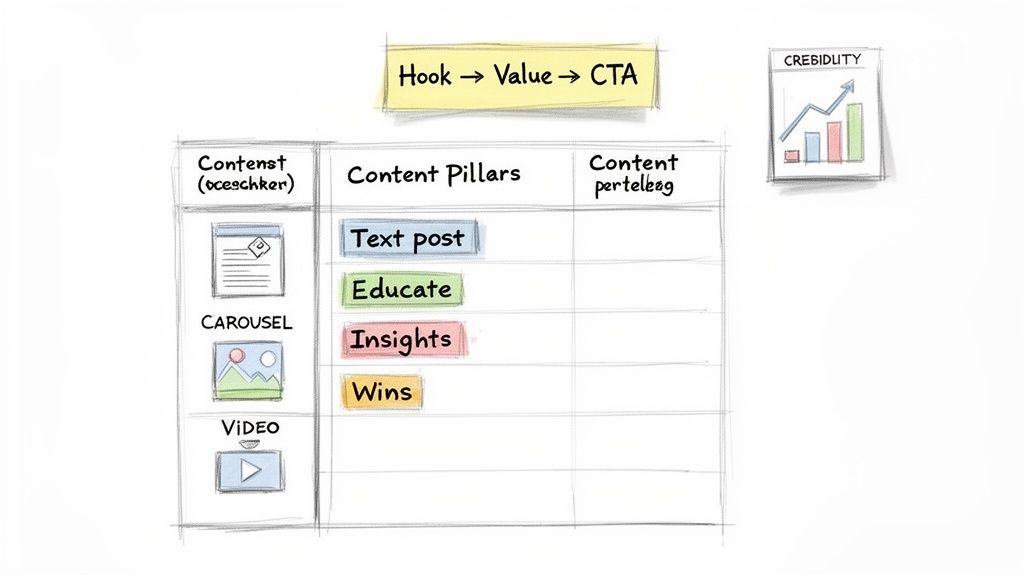 A hand-drawn content strategy table showing content types, pillars, and a hook-value-CTA framework.