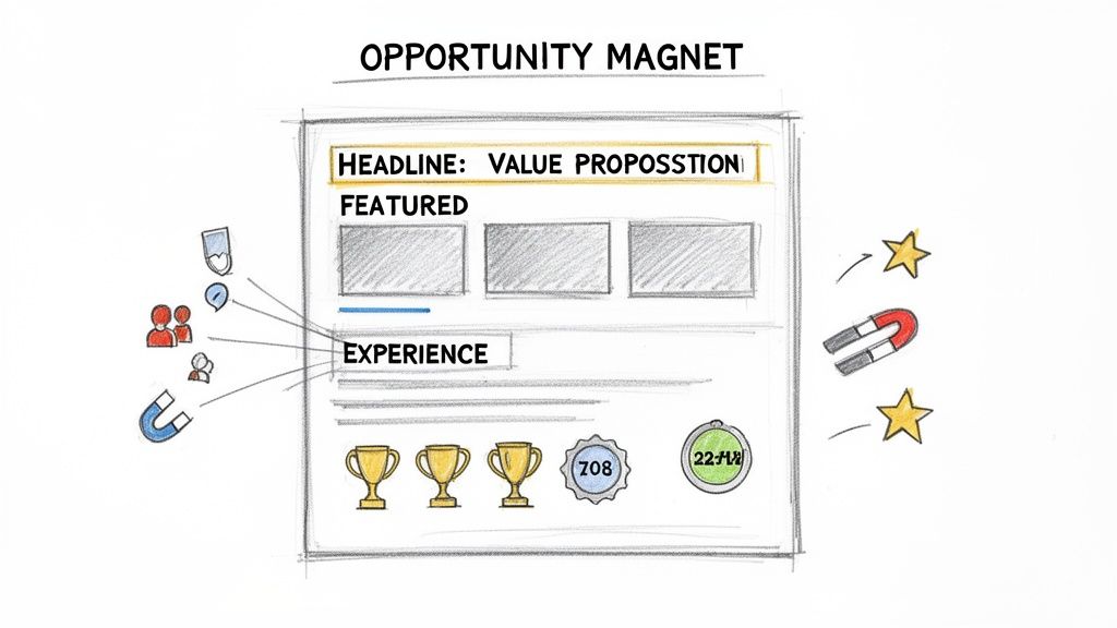 A sketch visualizing an 'Opportunity Magnet' with value proposition, features, experience, and symbols of success.