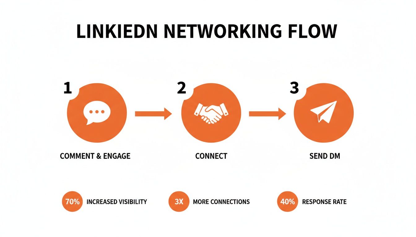 LinkedIn networking flow diagram showing steps: comment, connect, send DM, and their respective growth metrics.