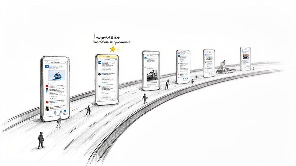 A sketch showing people walking along a curving road lined with large smartphones displaying LinkedIn feeds, illustrating digital impressions.
