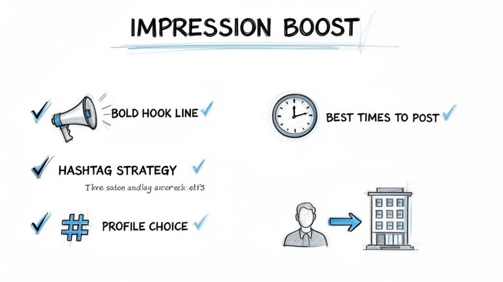 Hand-drawn infographic illustrating strategies to boost impressions, including bold hook lines, hashtag strategy, and best posting times.