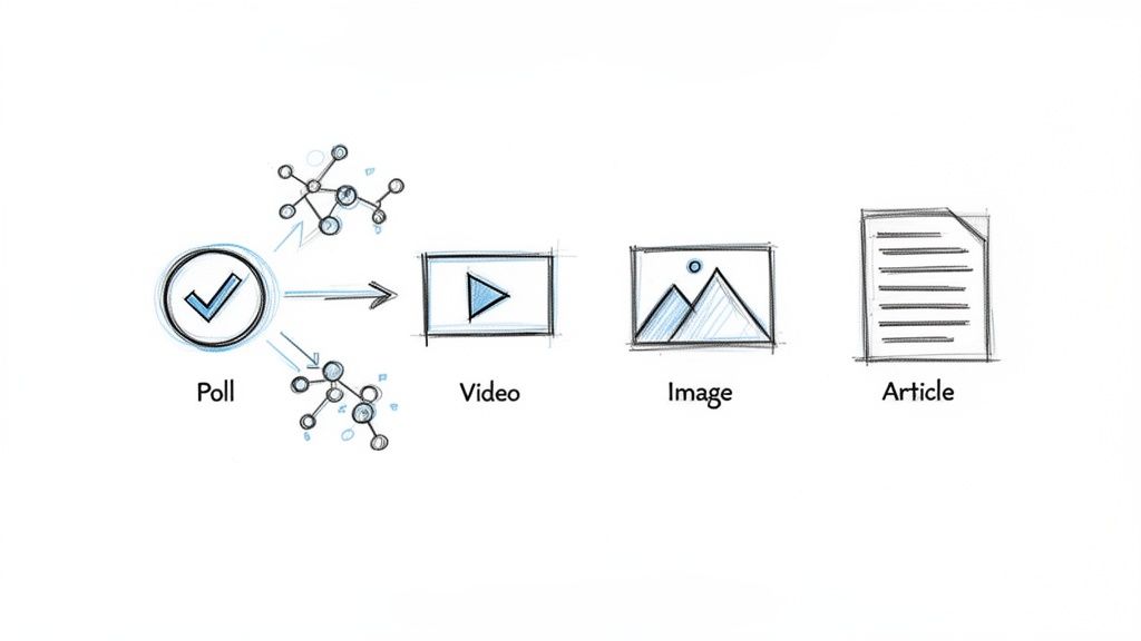 A diagram illustrating how a poll generates data, leading to video, image, and article content types.