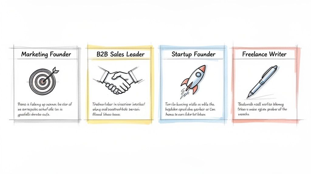 Four illustrated cards depicting professional roles: Marketing Founder, B2B Sales Leader, Startup Founder, and Freelance Writer.