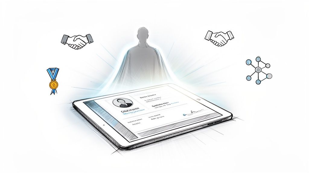 Sketch illustration of a tablet displaying a professional profile, with glowing person, handshakes, medal, and network icons.