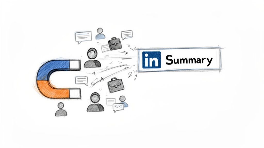 A magnet attracting career opportunities, people, and messages towards a LinkedIn Summary.