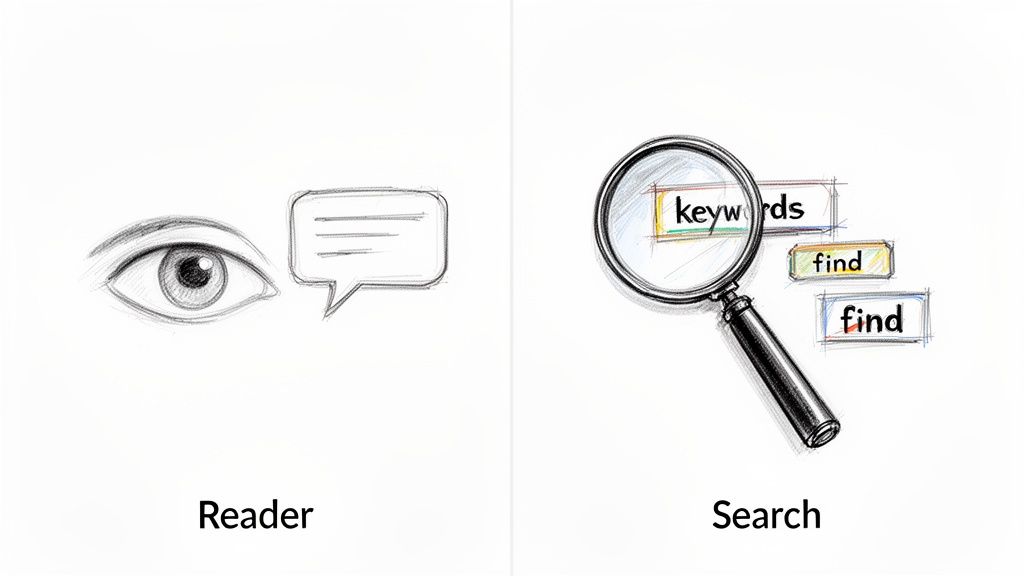 Illustrative comparison showing a human reader's comprehension versus a digital search using keywords.