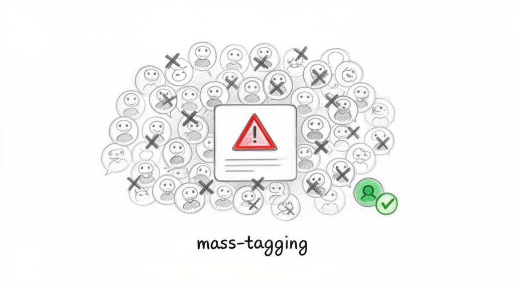 A sketch illustrating mass-tagging, with many user profiles crossed out, a central warning, and one approved.