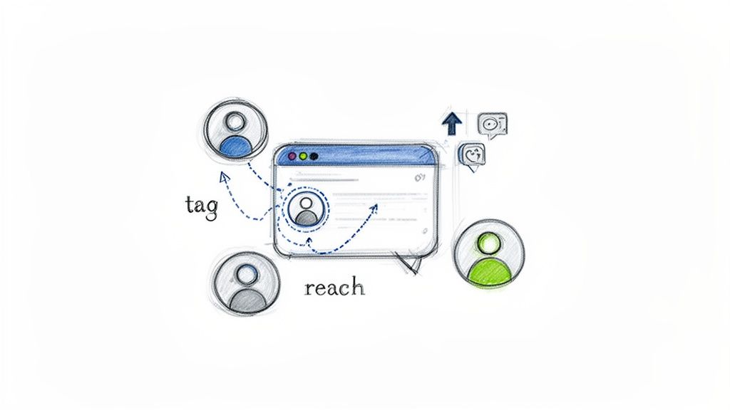 Sketch illustrating how tagging people in a social media post can increase its reach.