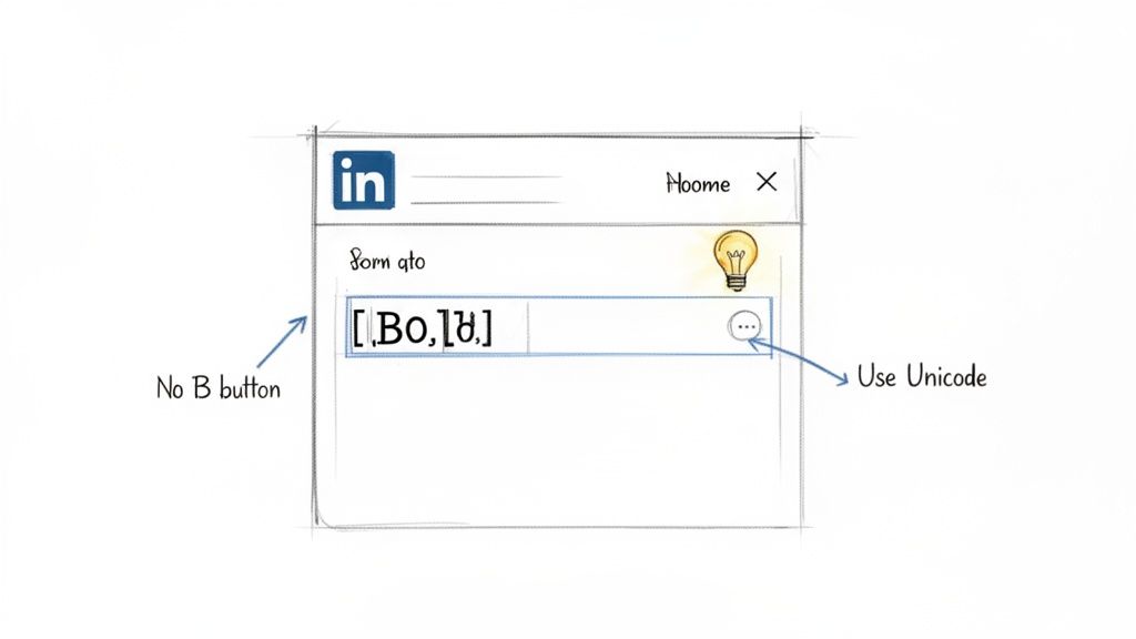 LinkedIn post editor sketch illustrating Unicode text formatting, highlighting no bold button, and suggesting Unicode usage.