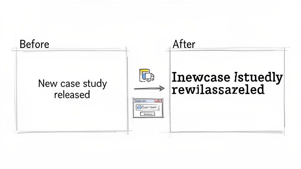 A diagram shows text transformation from 'New case study released' to a scrambled version.