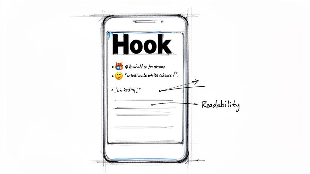 A hand-drawn sketch of a smartphone displaying a social media post with a 'Hook' and 'Readability' notes.