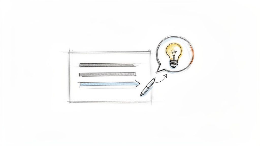 Hand-drawn sketch illustrating idea generation from a list, featuring a lightbulb and pen.