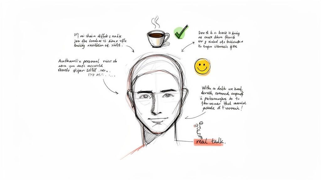 A sketch of a man's head surrounded by handwritten notes, coffee, checkmark, and a smiley face, representing thoughts and communication.