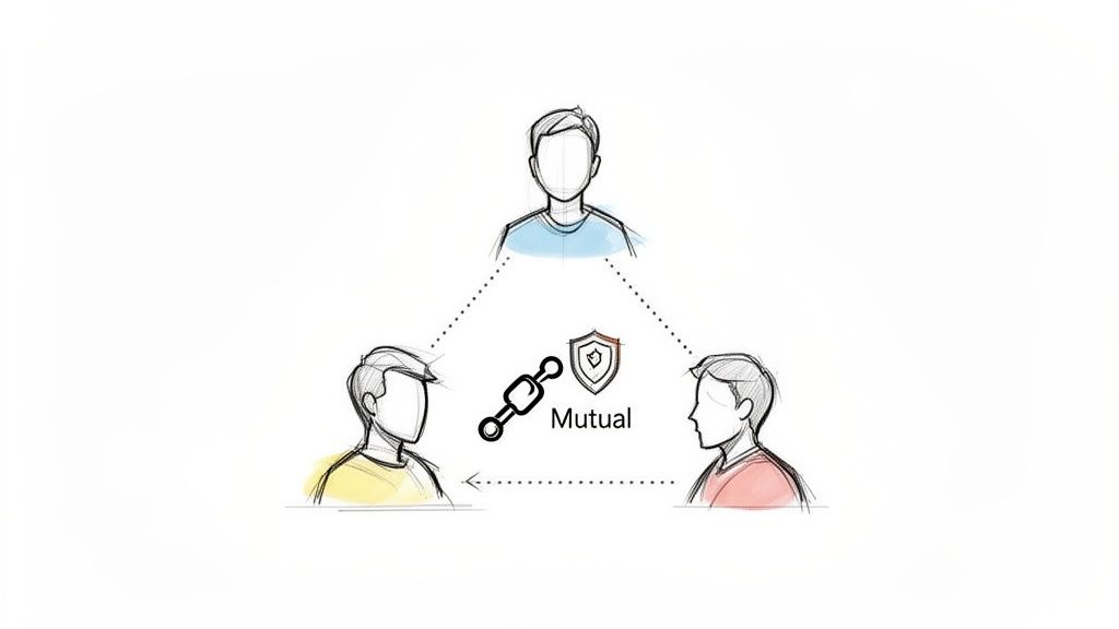 Three stylized people connected by dotted lines, with 'Mutual' and security icons in the center, representing connection and trust.