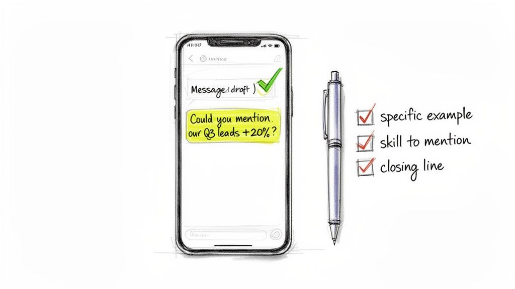 A phone displaying a message draft with a highlighted suggestion for specific data, next to a pen and a communication checklist.
