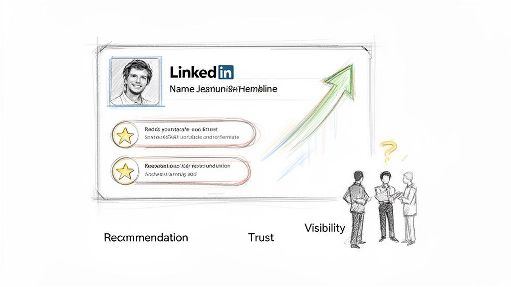 A sketch illustrating a LinkedIn profile with recommendations, an upward trend, trust, and visibility.