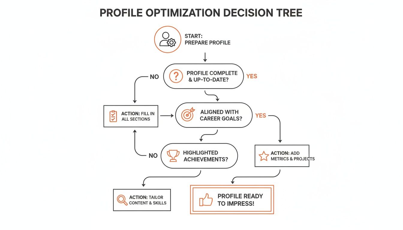 Decision tree flowchart illustrating steps for optimizing a professional profile for career success.