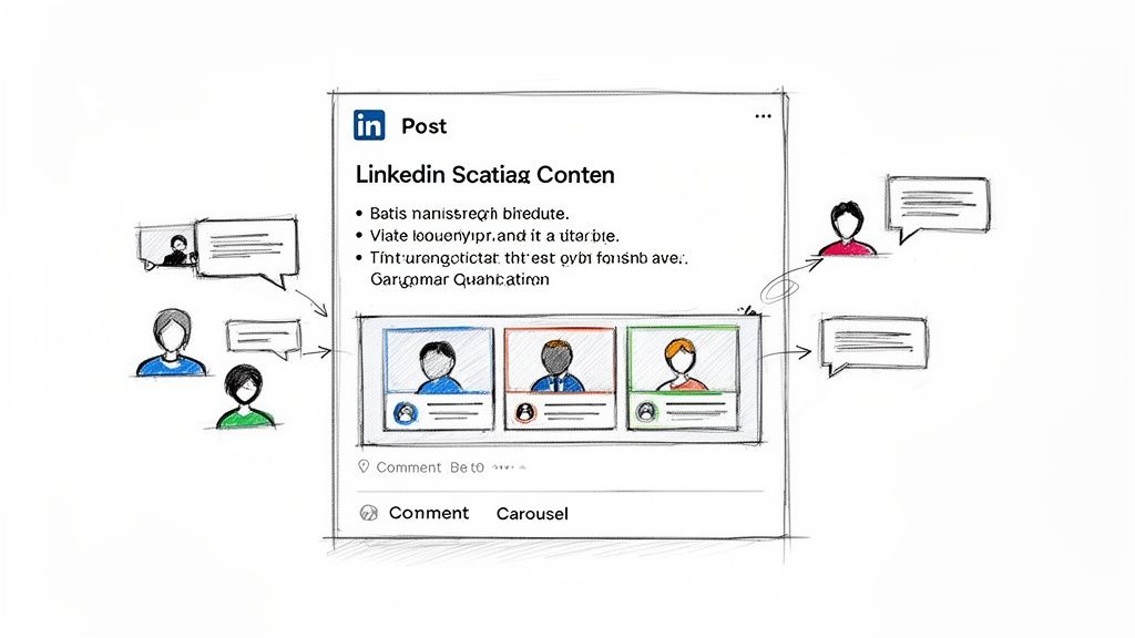Sketch of a LinkedIn post showing user interactions, comments, and profile connections.