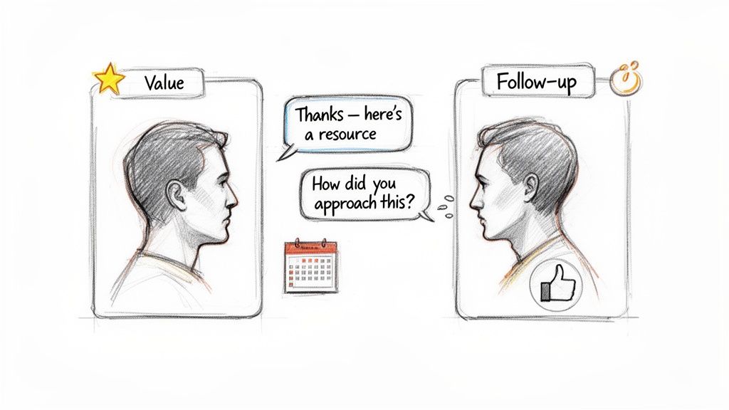 Illustration of two men exchanging 'Value' and 'Follow-up', with speech bubbles and calendar icon.