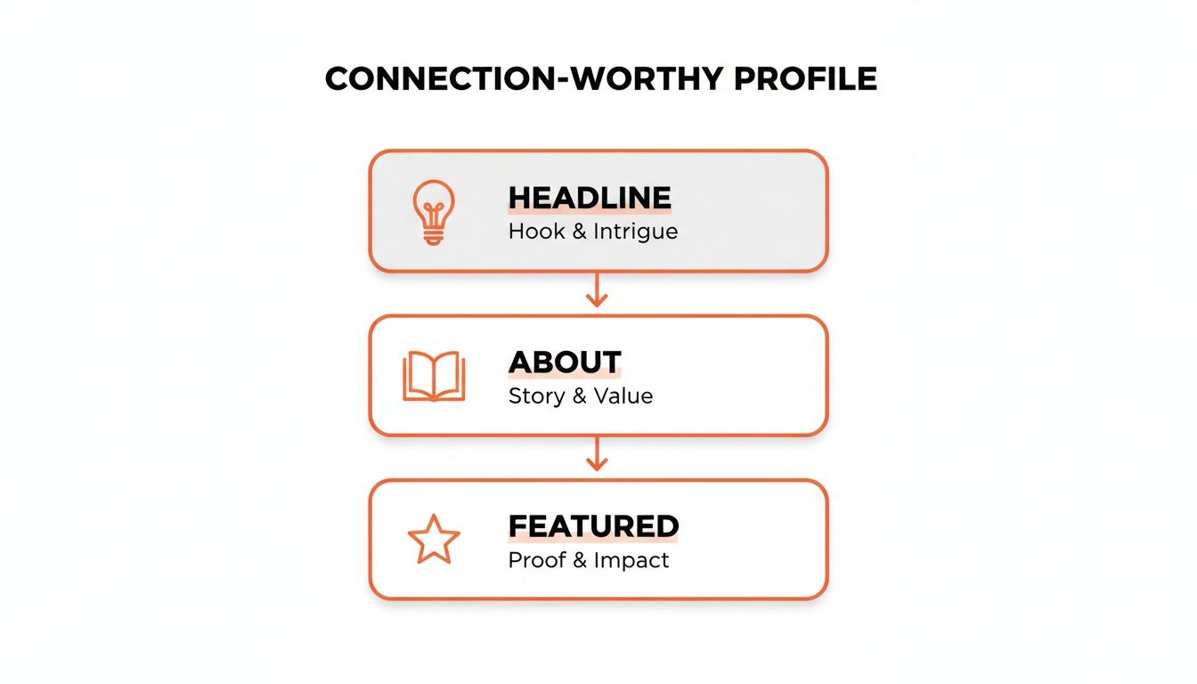 Flowchart illustrating a connection-worthy profile structure with sections for headline, about, and featured content.