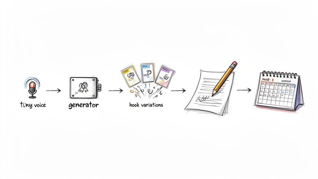 A diagram illustrates an AI LinkedIn post generation process from a tiny voice idea to final scheduling.