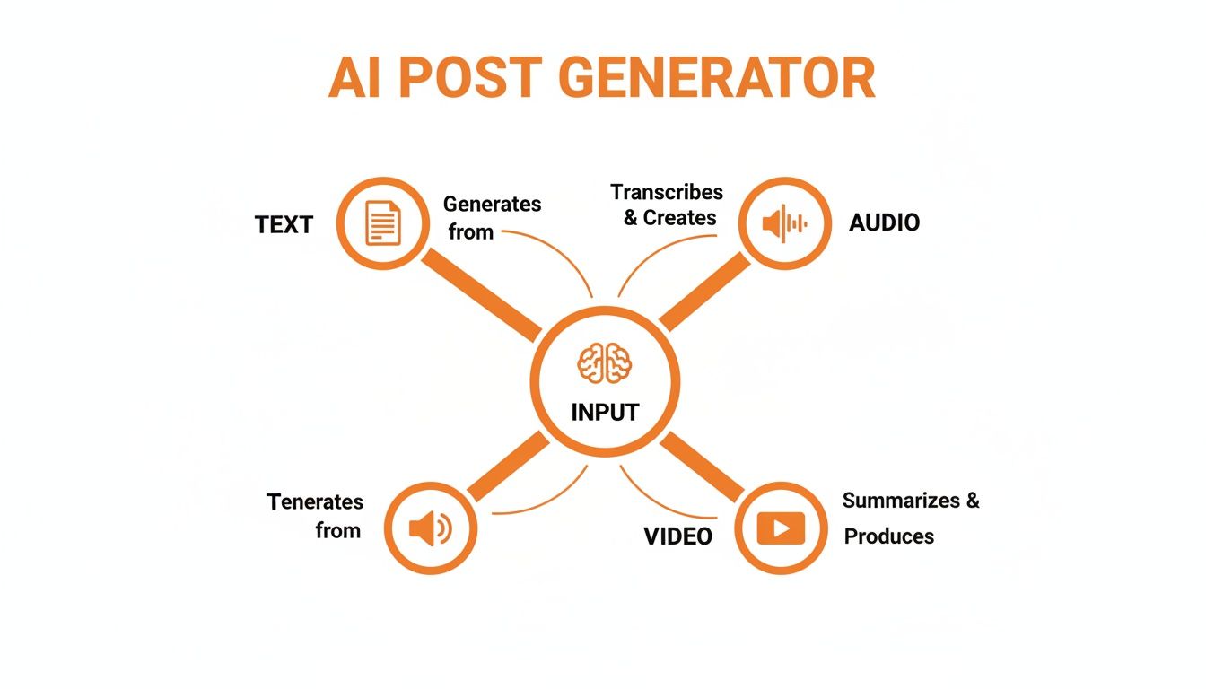 AI post generator system diagram showing input processing for text, audio, and video content.