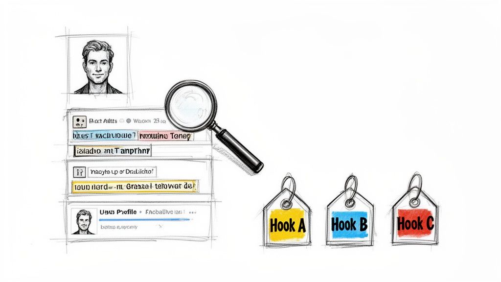 Hand-drawn sketch of a user profile and content being analyzed, leading to three distinct engagement hooks.