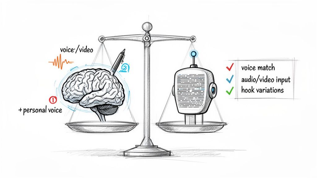 A balance scale comparing human creativity (brain) with AI capabilities (robot head).