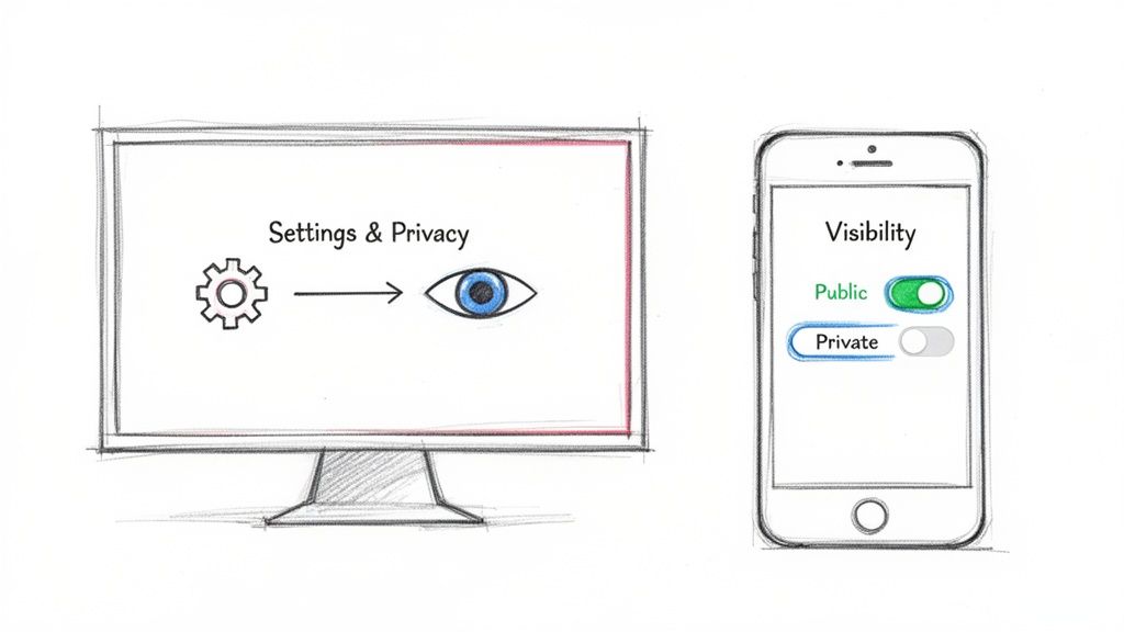 Illustration of privacy settings workflow: from a computer screen to a phone's public/private visibility options.