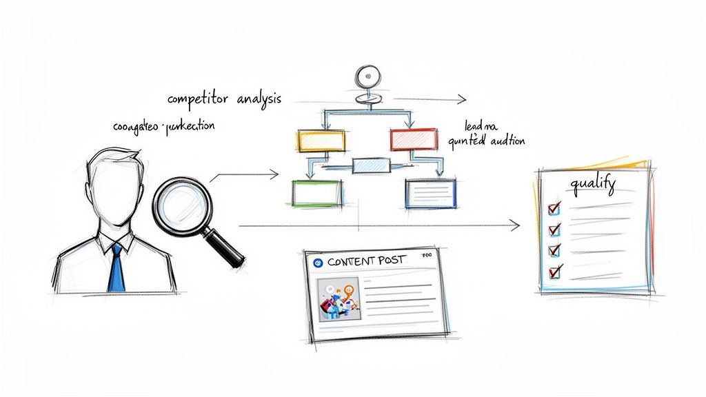 Hand-drawn business diagram showing competitor analysis, a flowchart for lead generation, content post, and qualification checklist.