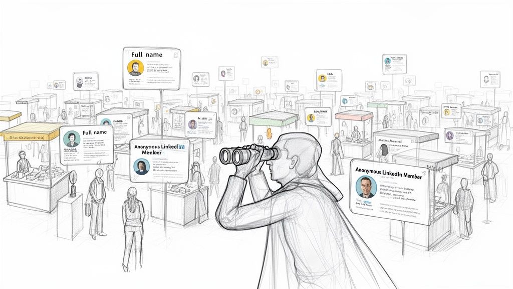 A person uses binoculars to view a bustling market with floating LinkedIn profile cards, some anonymous.