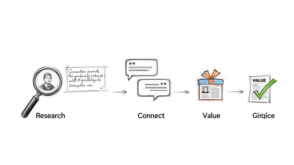 A diagram illustrating a four-step process: Research, Connect, Value, and Girtqice, for lead generation.